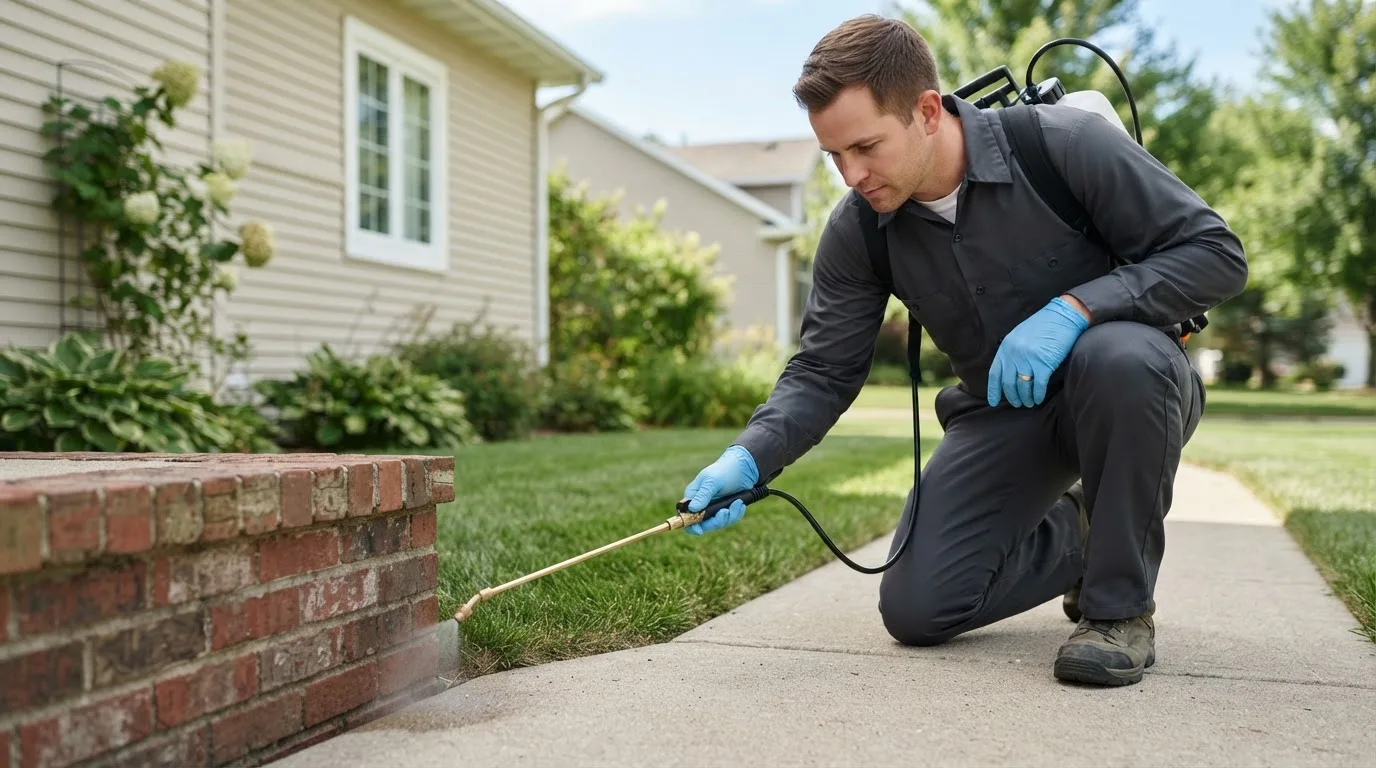 Pest control technician treating a home near Pipestone, MN